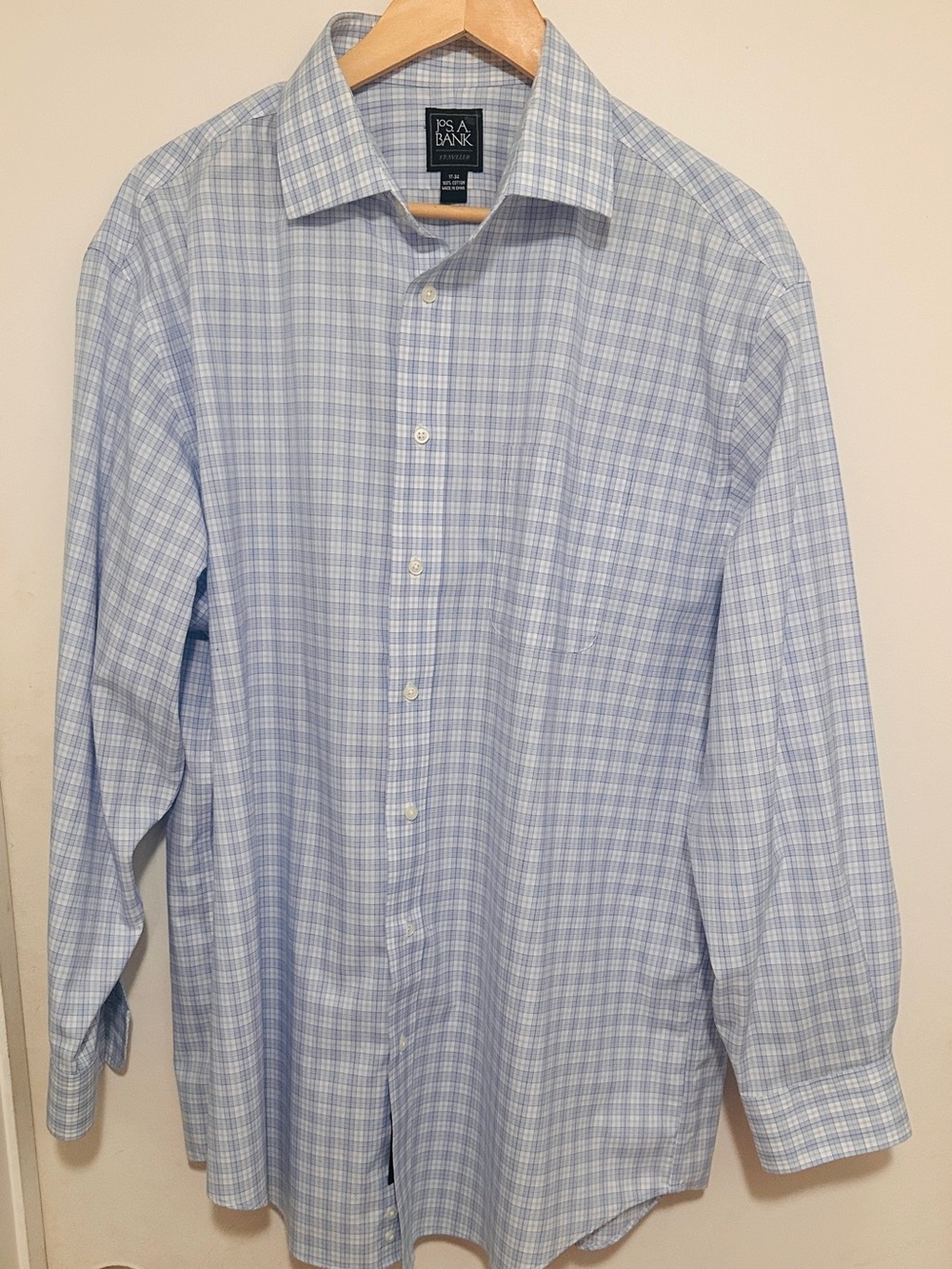 Jos. A. Bank Traveler Dress Shirt 17 34 Blue White Plaid Check Cotton Non Iron
